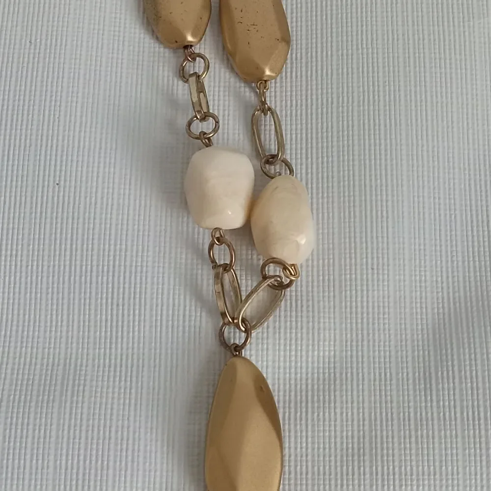 Express Gold Tone Off White Alternating Beaded Tassel Pendant Statement Necklace